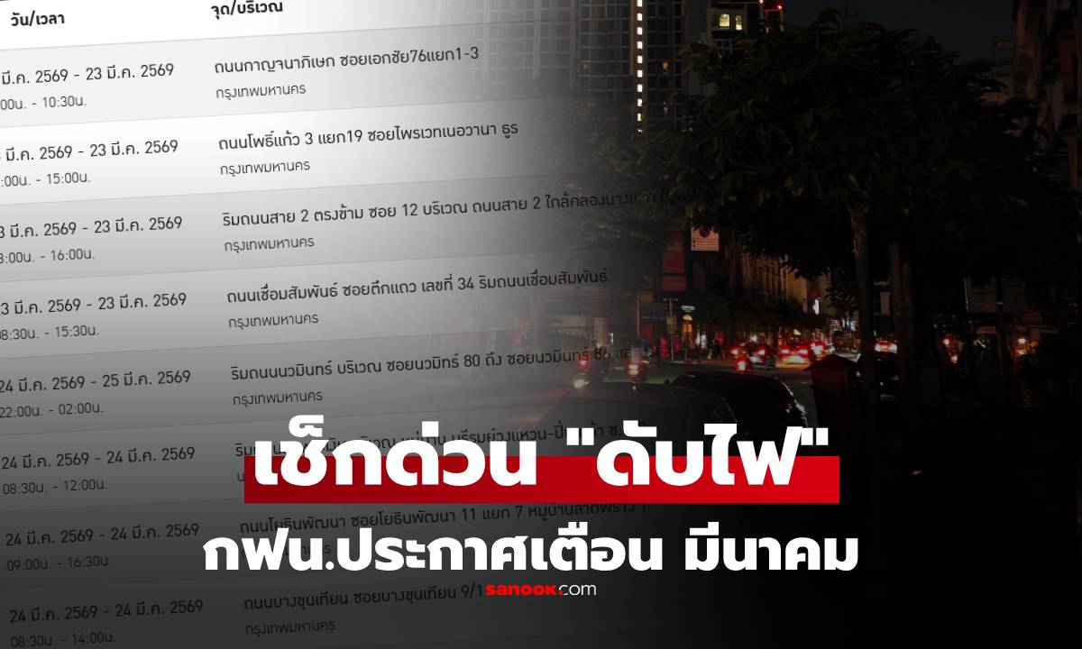 23 มี.ค.69 กฟน.ประกาศแจ้ง “ดับไฟ” กระทบ 27 จุดใหญ่ เช็กพิกัดด่วน!!