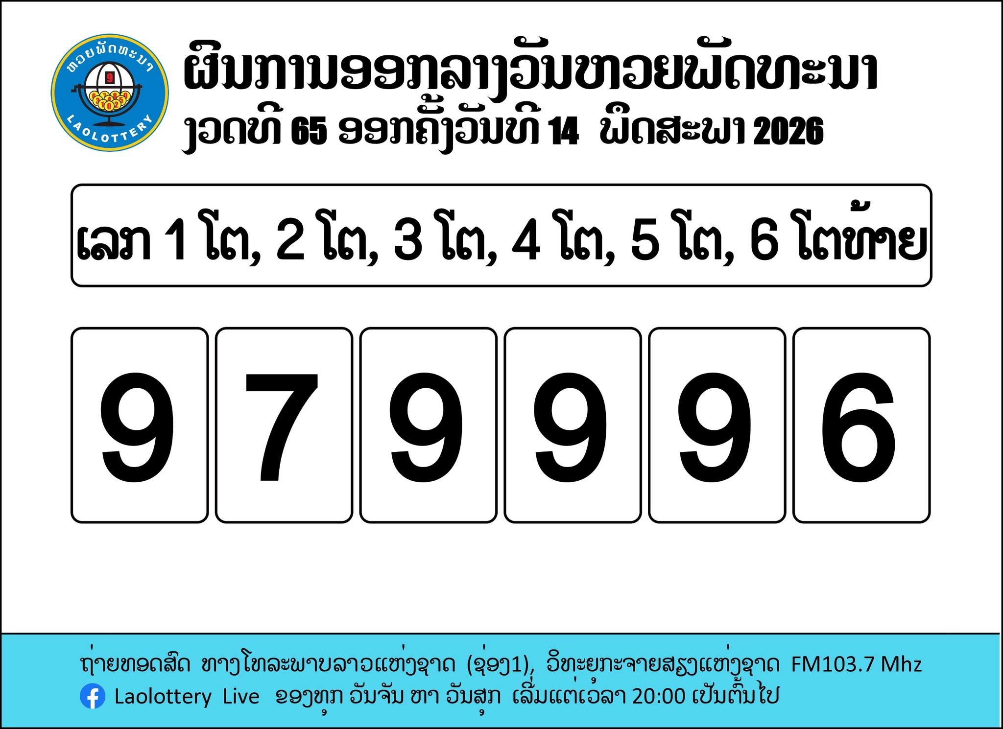 หวยลาว 14 พ.ค. 69: เลข 6 ตัว 979996, รางวัล 2 ตัวล่าง 99 — image 5