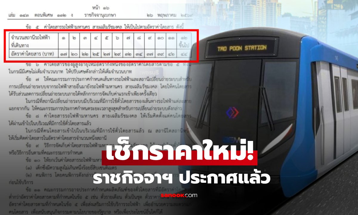 เช็กด่วน! ราชกิจจาฯ ประกาศปรับค่าโดยสาร MRT สายสีน้ำเงิน อัตราใหม่เริ่ม 3 ก.ค. 69