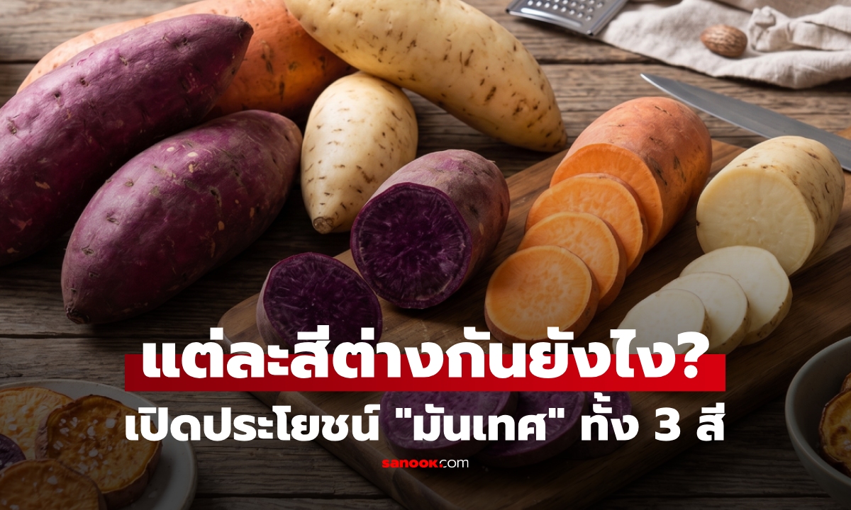 มันเทศ 3 สี ต่างกันอย่างไร? แต่ละสีเด่นกันคนละด้าน เผยคำตอบ กินสีไหนประโยชน์สูงสุด