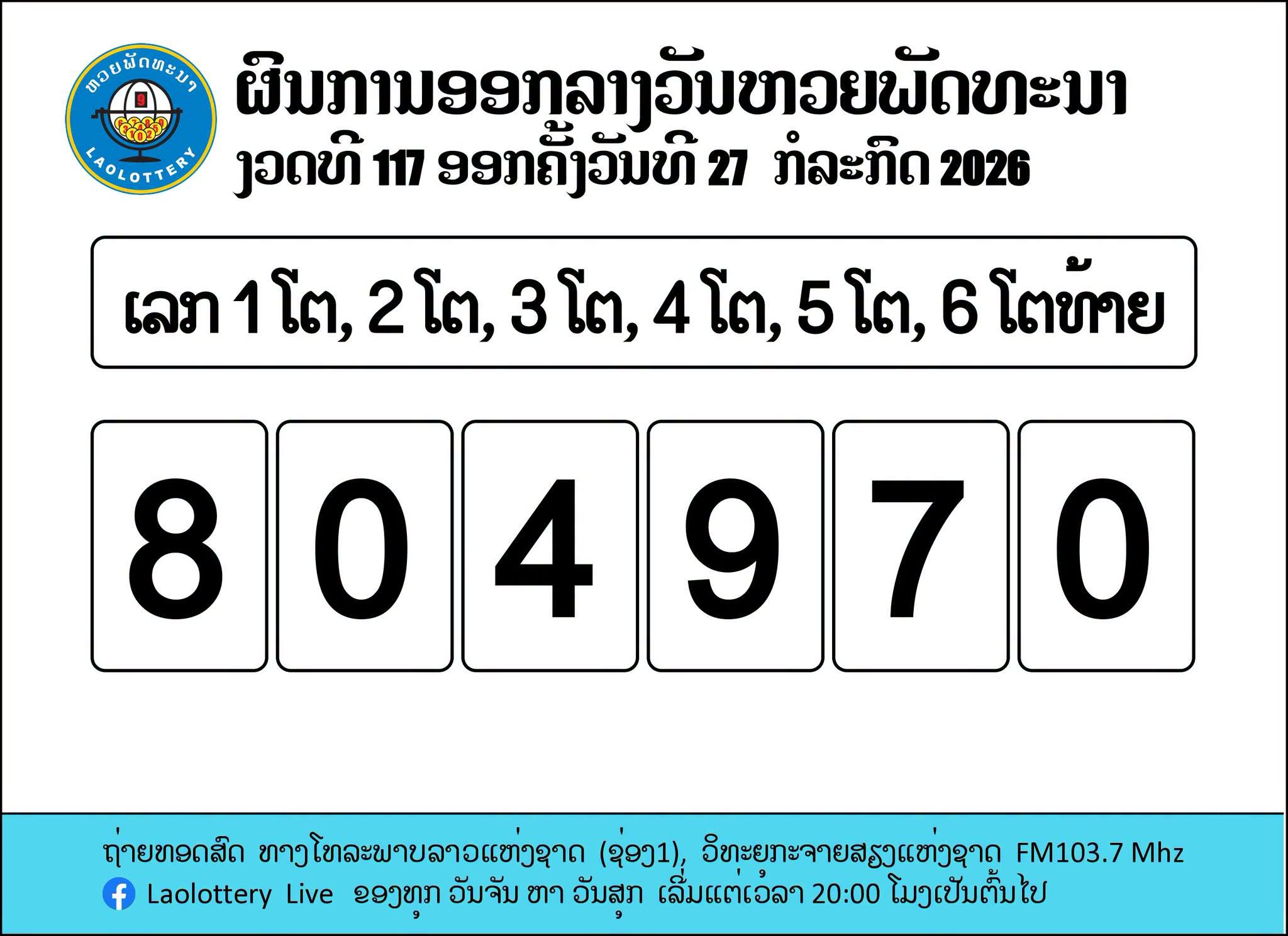 หวยลาว 27 กรกฏาคม 2569