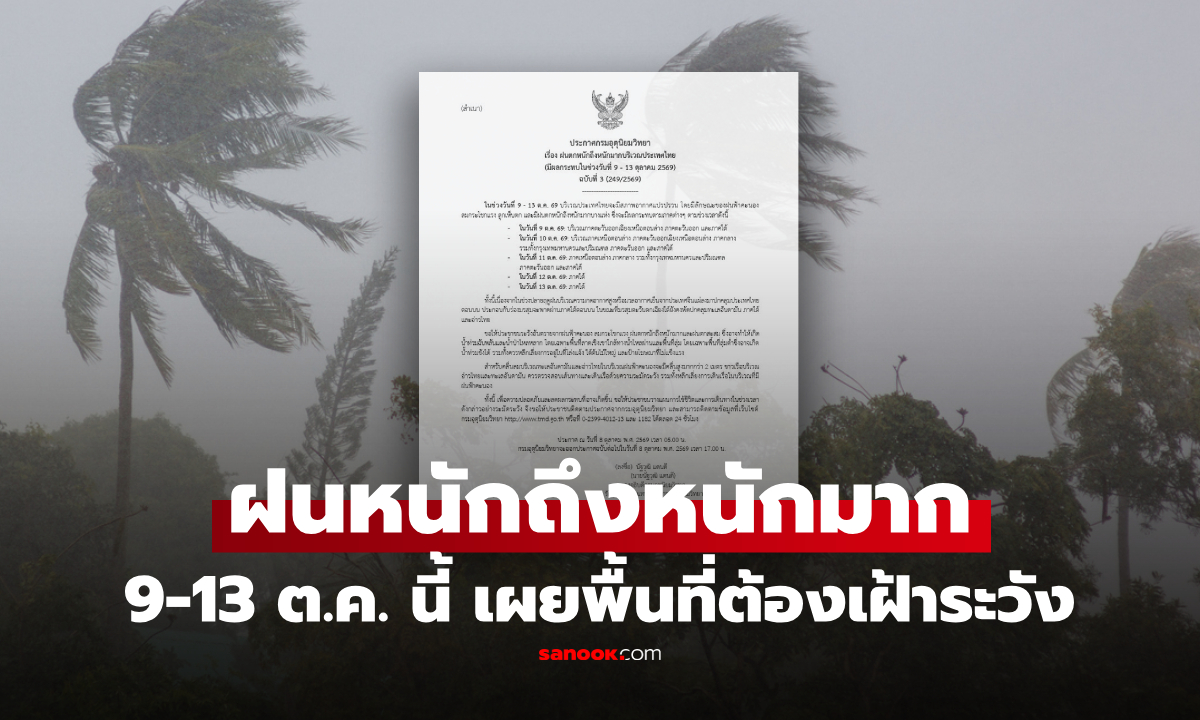 กรมอุตุฯ เตือนฝนตกหนักรอบใหม่ 9-13 ต.ค. ส่วน กทม.เฝ้าระวัง 2 วันเต็มๆ เช็กพื้นที่เสี่ยง