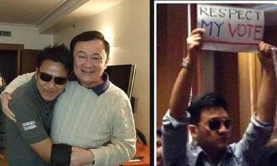 ชาวเน็ตจับผิด! หนุ่มชูป้าย Respect My Vote เคยกอด "ทักษิณ"