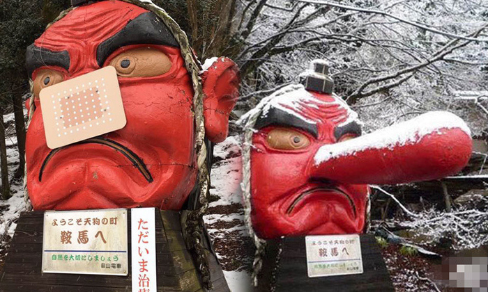 มุ้งมิ้งเลย! ญี่ปุ่นหิมะตกหนักทำจมูกรูปปั้นเทนงุหัก คนเลยแปะพลาสเตอร์ให้
