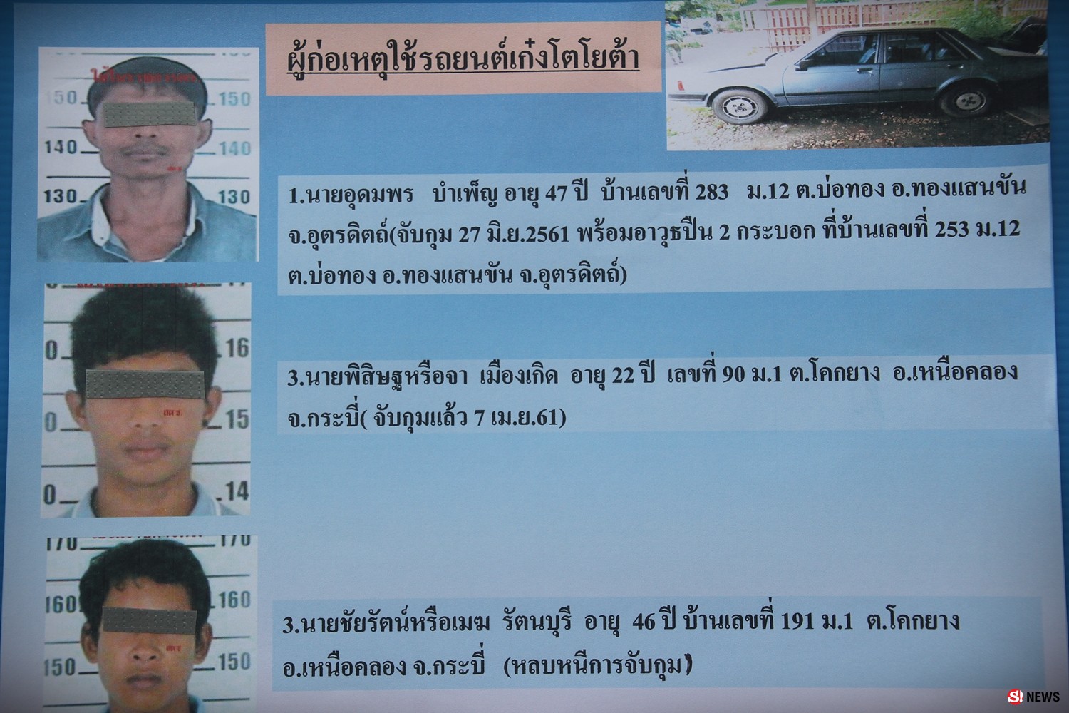 ตำรวจ ทหารอุตรดิตถ์ แถลงข่าวหลังจับกุมคนร้ายร่วมกันใช้อาวุธสงครามยิงถล่มร้านลาบเป็ด กลางเมืองอุตรดิตถ์ หลังตามล่าตัวนานกว่า 4 เดือน พบเป็นคนร้ายหนีหมายจับมีพฤติการณ์พัวพันหลายคดี เป็นผู้มีอิทธิพลจากภาคใต้มาสร้างสวนยางอยู่ที่จังหวัดอุตรดิตถ์