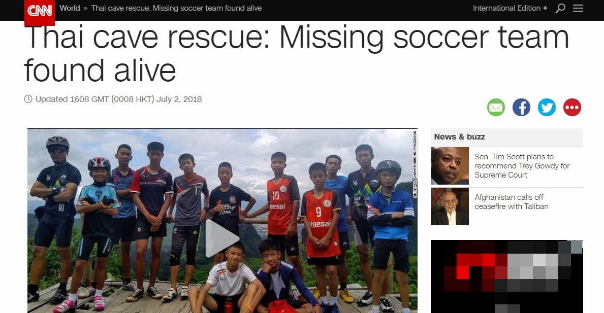 CNN ลงข่าวเจอ 13 ชีวิตติดถ้ำหลวง