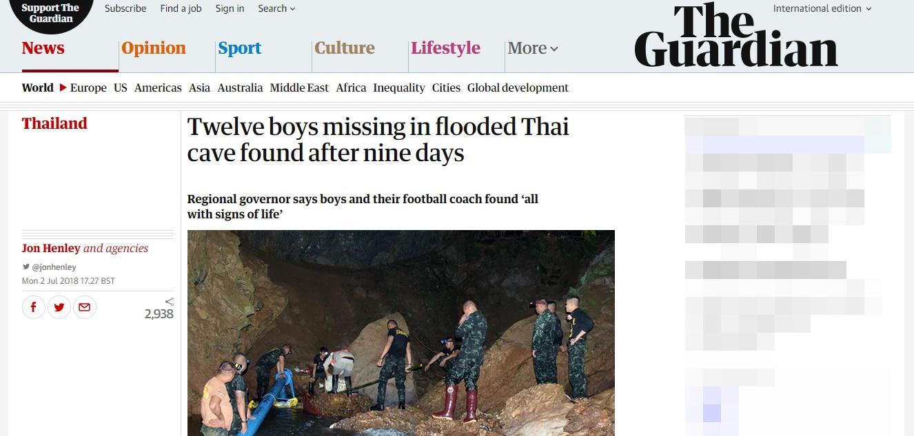 The Guardian ลงข่าวเจอ 13 ชีวิตติดถ้ำหลวง