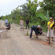ชาวบ้านเหลืออดประชดปลูกข้าวปลูกต้นกล้วยถนนเข้าหมู่บ้านซึ่งเป็นหลุมเป็นบ่อมานานหลายปี