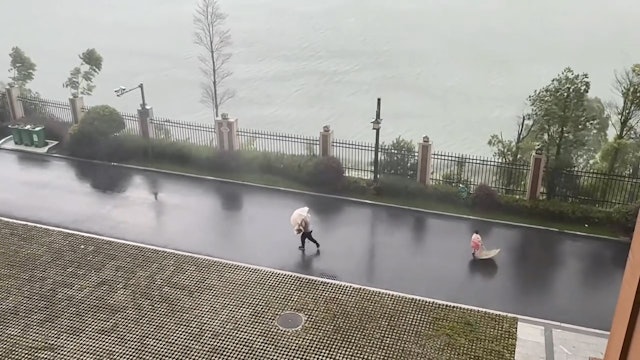 เด็กหญิงถูกพายุพัด แม่เร่งเดินหนี