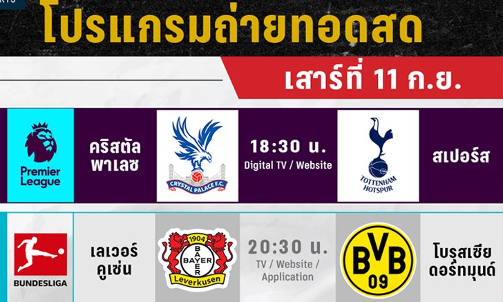 เสาร์นี้มันแน่! “พีพีทีวี” ยิงสด พาเลซ รับ สเปอร์ส , เลเวอร์ฯ ชน ดอร์ทมุนด์ ,ไลป์ซิก ฟัด บาเยิร์น