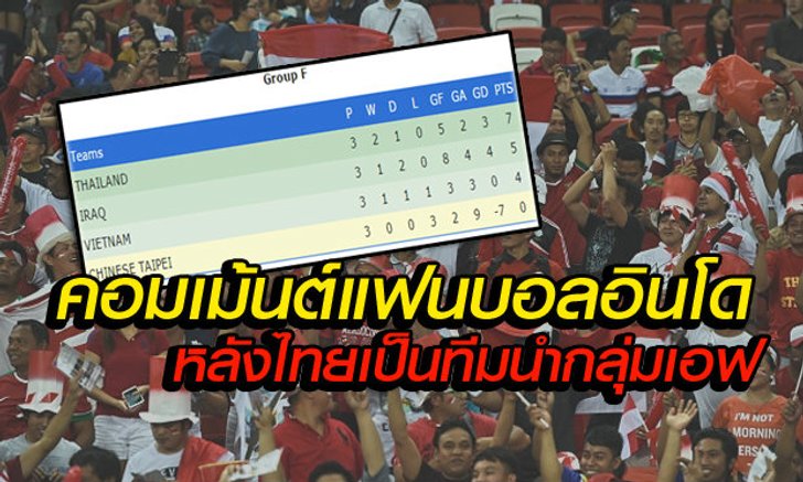คอมเม้นต์แฟนบอลอินโดฯ หลังแข่งไป3นัดไทยเป็นผู้นำกลุ่ม F