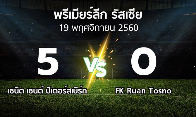 ผลบอล : เซนิต เซนต์ ปีเตอร์สเบิร์ก vs FK Ruan Tosno (พรีเมียร์ลีก รัสเซีย 2017-2018)