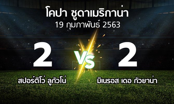 ผลบอล : สปอร์ติโว่ ลูกัวโน่ vs มิเนรอส เดอ กัวยาน่า (โคปา-ซูดาเมริกาน่า 2020-2021)