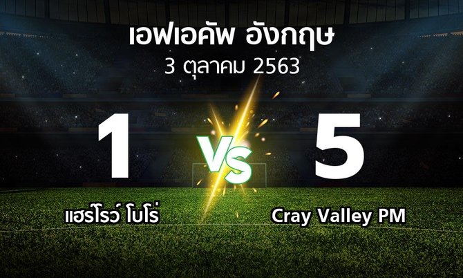 ผลบอล : แฮร์โรว์ โบโร่ vs Cray Valley PM (เอฟเอ คัพ 2020-2021)
