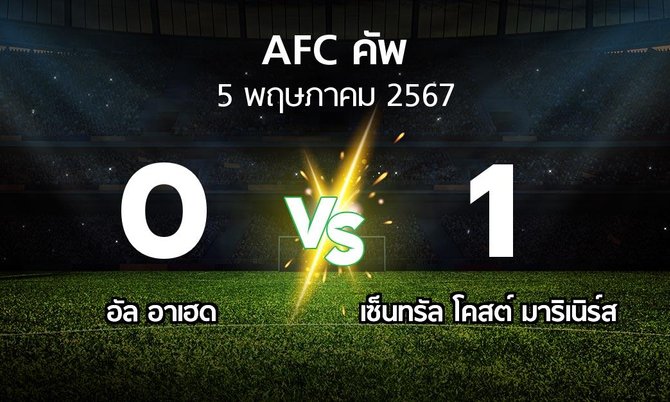 ผลบอล : อัล อาเฮด vs เซ็นทรัล โคสต์ มาริเนิร์ส (เอเอฟซีคัพ 2023-2024)