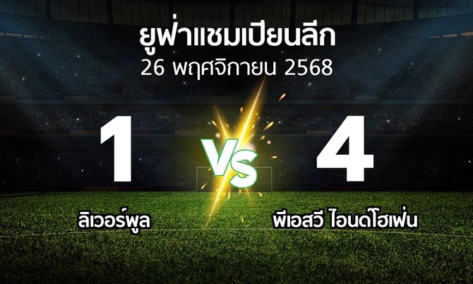 ผลบอล : ลิเวอร์พูล vs พีเอสวี (ยูฟ่า แชมเปียนส์ลีก 2025-2026)