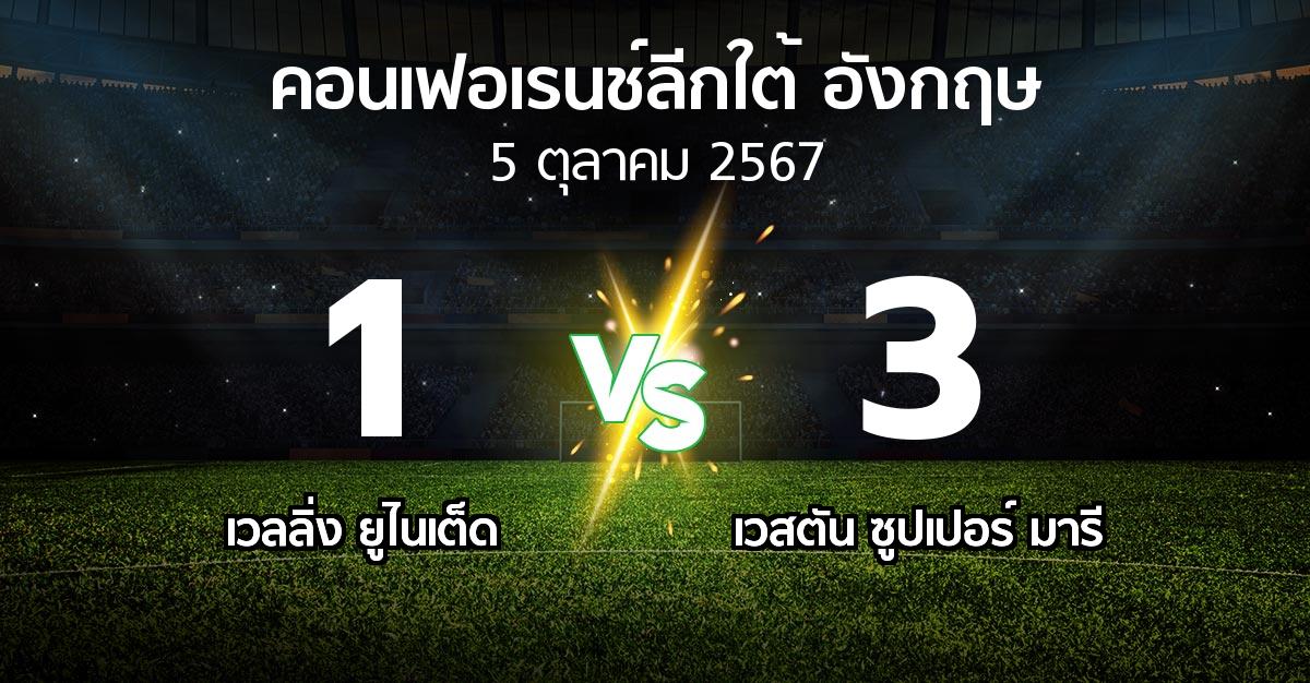 ผลบอล : เวลลิ่ง ยูไนเต็ด vs เวสตัน ซูปเปอร์ มารี (คอนเฟอเรนช์ลีกใต้อังกฤษ 2024-2025)