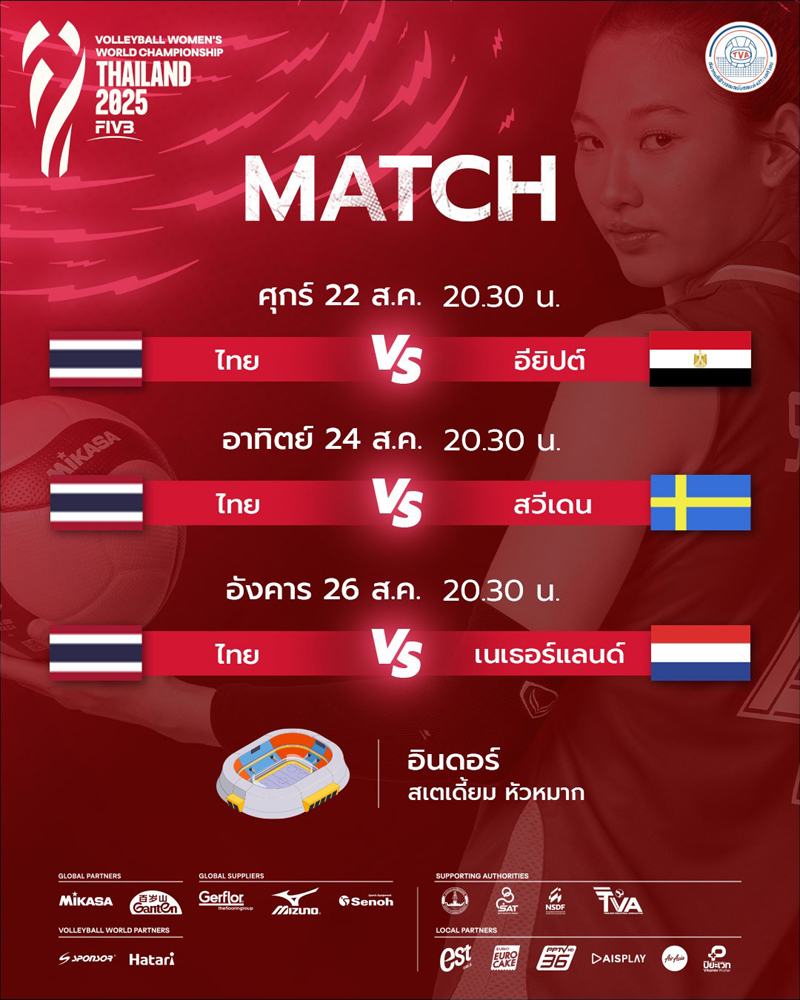 ถ่ายทอดสด วอลเลย์บอลหญิงทีมชาติไทย ชิงแชมป์โลก 2025