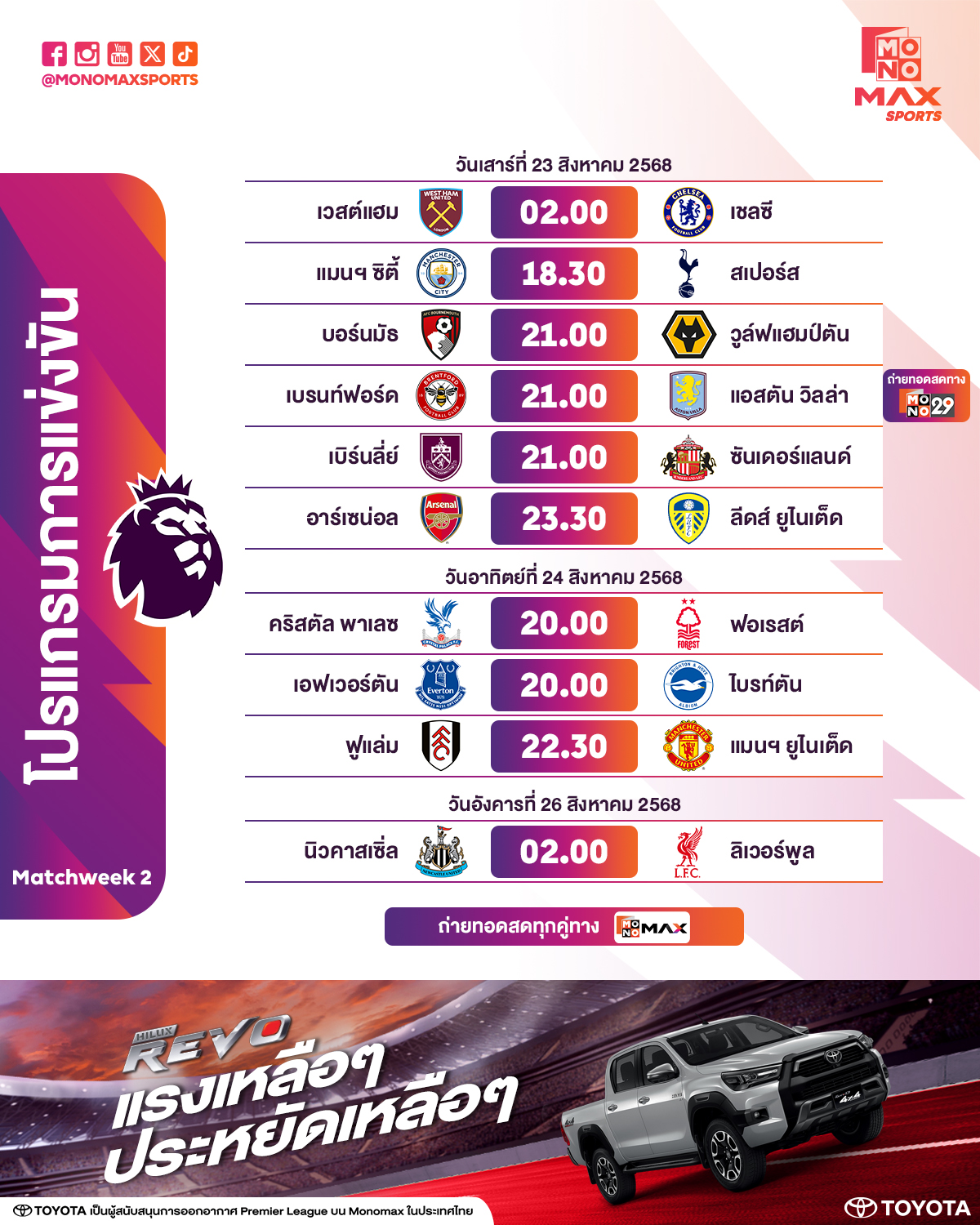 ถ่ายทอดสดพรีเมียร์ลีก นัดที่ 2