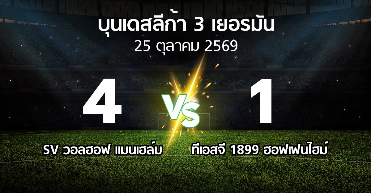 ผลบอล : SV วอลฮอฟ แมนเฮล์ม vs ทีเอสจี 1899 ฮอฟเฟนไฮม์ (บุนเดสลีก้า-3-เยอรมัน 2026-2027)