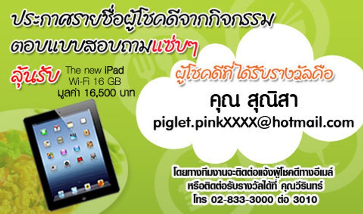 ประกาศรายชื่อผู้โชคดี ตอบแบบสอบถามแซ่บลุ้นรับ The new iPad