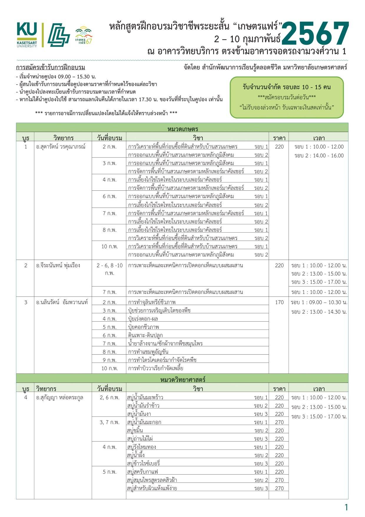 ตารางอบรมวิชาชีพระยะสั้น งานเกษตรแฟร์ 2567