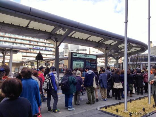 Long queue for the bus, but it moves pretty fast