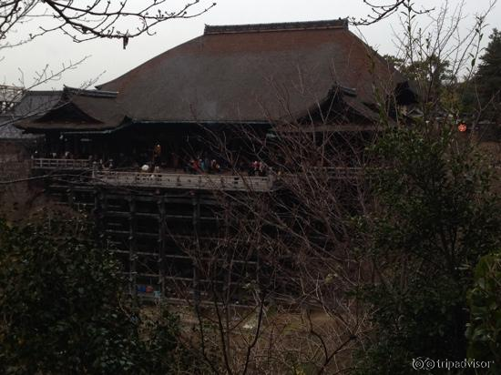 Terraza de madera vista desde la ladera de enfrente.