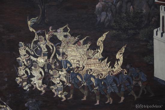 Bangkok : Wat Phra Kaew - Fresque murale (détail).