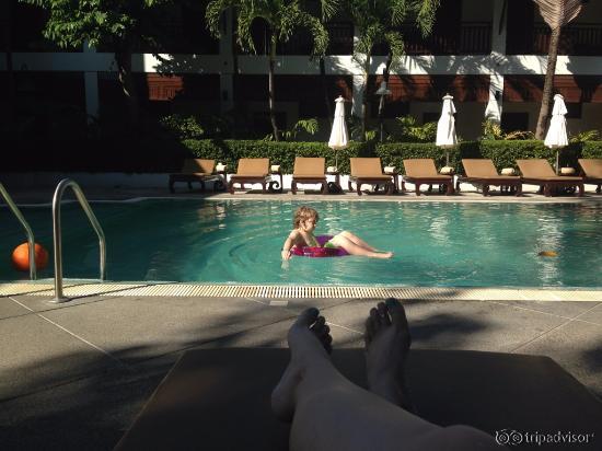 Peaceful pool with pool toys provided