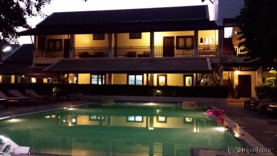 I love this photo of the Hotel at night..Restaurant is on the left.