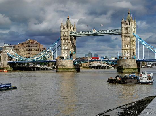 Tower Bridge with hotel distant left