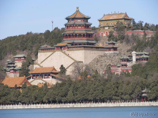 Palace on the hill with lake in foreground
