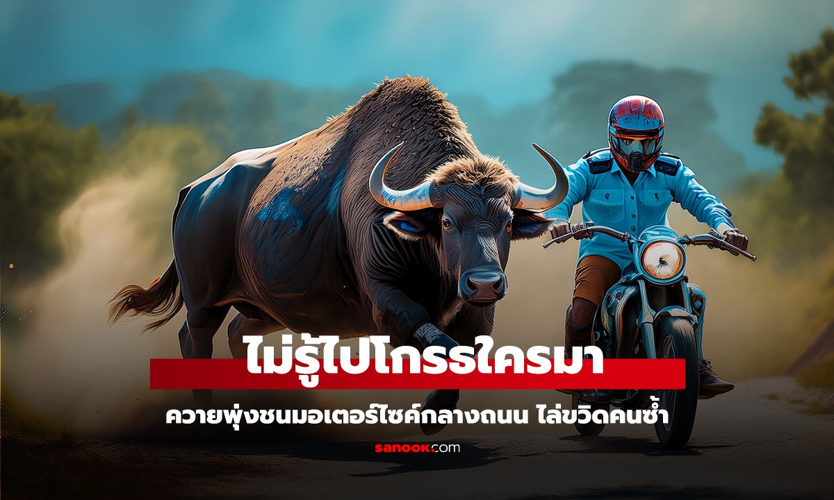 คลิป เธอโผล่มาจากไหน??? ควายพุ่งชนมอเตอร์ไซค์กลางถนน ไล่ขวิดคนซ้ำ ไม่รู้ไปโกรธใครมา