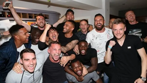 Leicester City celebrating the Premier League victory of 2015/16 at the home of Jamie Vardy