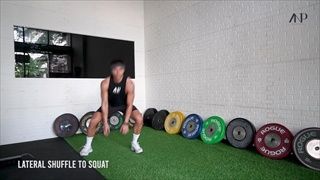 ท่าออกกำลังกายที่บ้าน Lateral shuffle to squat