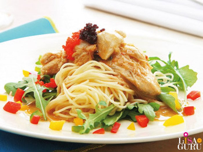 เส้นแองเจิลแฮร์กับเนื้อปลาเก๋าราดซอสเนื้อปู