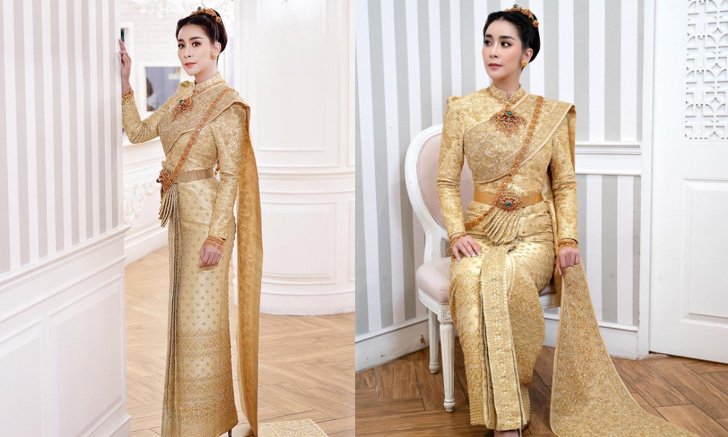 "ใหม่ สุคนธวา" ในพิธีหมั้น กับชุดไทยศิวาลัยสีทองสุดสง่า