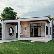 แบบบ้านชั้นเดียวสไตล์โมเดิร์นมินิมอล หลังเล็กกะทัดรัด 60 ตรม มีระเบียงหน้าบ้านรับธรรมชาติ และอากาศสดใส
