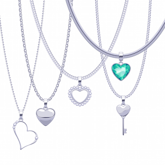Set of silver chains with heart pendants. Precious necklaces.