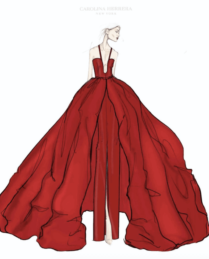 ภาพสเก็ตช์ชุดของดัชเชสเมแกน จากแบรนด์ Carolina Herrera