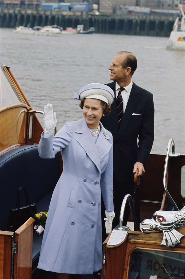 Queen Elizabeth II and Prince Philip on board a boat during her Silver Jubilee year, 1977