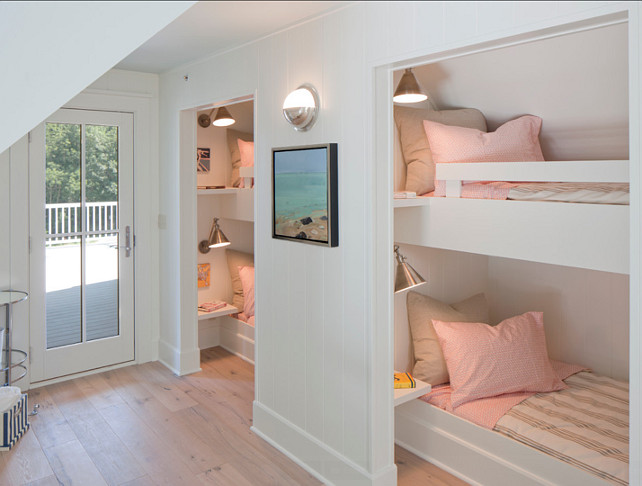 BunkBed Room. Bunkbed room Ideas. Paint Color here is Benjamin Moore White Dove. #BunkBedRoom #BunkRoom #BunkBedDesign #BMWhiteDove