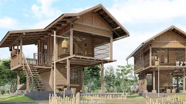 แบบบ้านทรงไทยเดิม โครงสร้างครึ่งไม้ครึ่งปูน 1 ห้องนอน 1 ห้องน้ำ พร้อมลานพักผ่อนชั้นล่าง