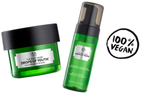 DROPS OF YOUTHTM YOUTH BOUNCY EYE MASK  และ DROPS OF YOUTHTM YOUTH GENTLE FOAMING WASH จาก The Body Shop