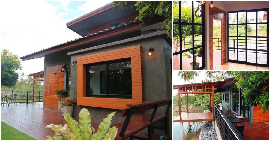 บ้านชั้นเดียวแนวรีสอร์ท บรรยากาศธรรมชาติติดแม่น้ำ พร้อมที่พักผ่อนภายนอกสุดชิล