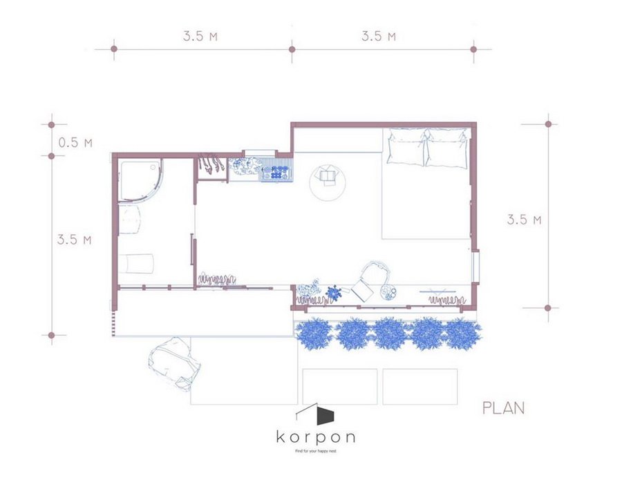 บ้านสำเร็จรูปสไตล์มินิมอล 1 ห้องนอน 1 ห้องน้ำ พื้นที่ใช้สอย 24 ตารางเมตร