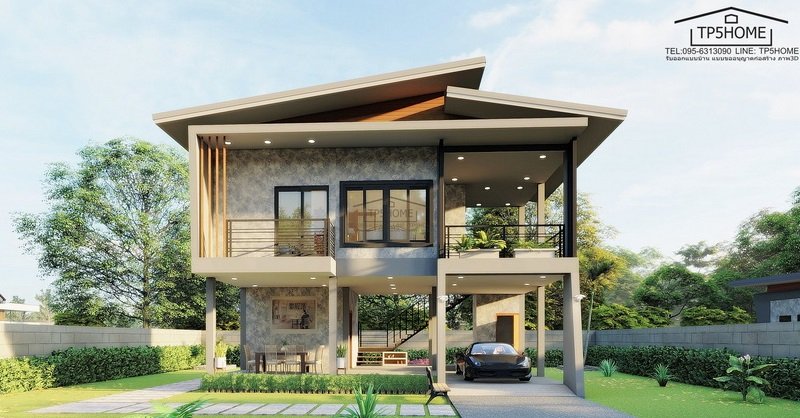 แบบบ้านสองชั้นสไตล์โมเดิร์นลอฟท์ 2 ห้องนอน 2 ห้องน้ำพร้อมใต้ถุนยกสูงพื้นที่ 120 ตรม