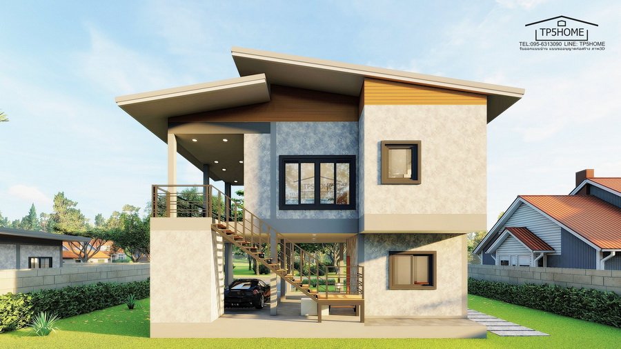 แบบบ้านสองชั้นสไตล์โมเดิร์นลอฟท์ 2 ห้องนอน 2 ห้องน้ำพร้อมใต้ถุนยกสูงพื้นที่ 120 ตรม
