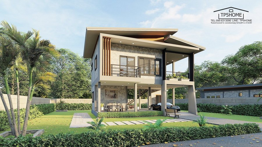 แบบบ้านสองชั้นสไตล์โมเดิร์นลอฟท์ 2 ห้องนอน 2 ห้องน้ำพร้อมใต้ถุนยกสูงพื้นที่ 120 ตรม